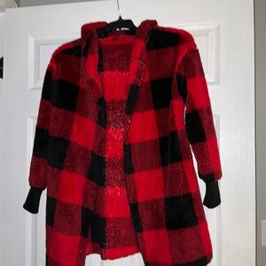 SHEIN Red and Black Plaid Fleece Jacket